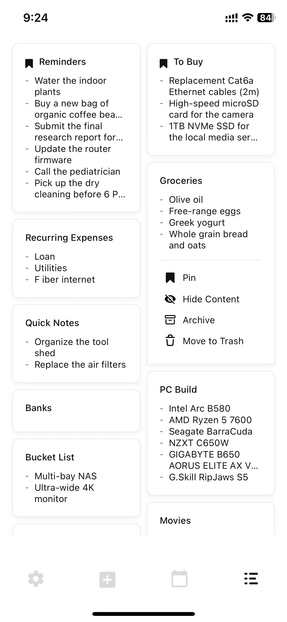 More Options Screen